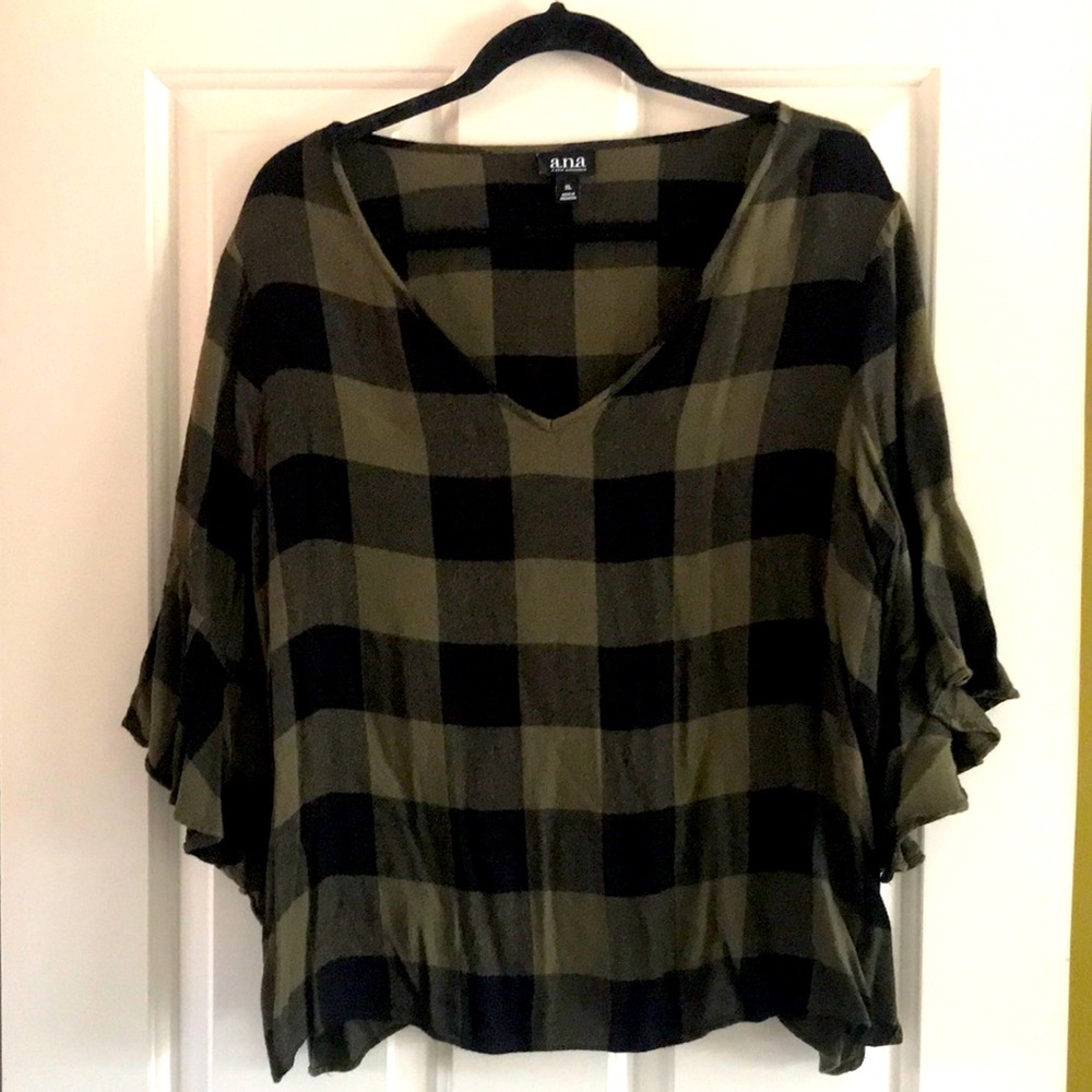 Army green and black plaid top